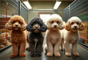 Four poodles after rehabilitation and grooming in a shelter.