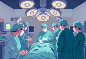 Medical professionals working in a busy surgical center for retinal emergencies