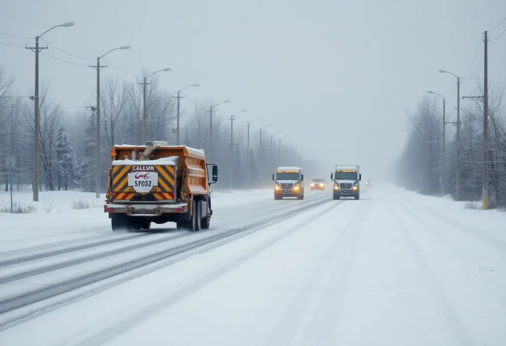 Road maintenance vehicle applying salt on snowy road in Lexington