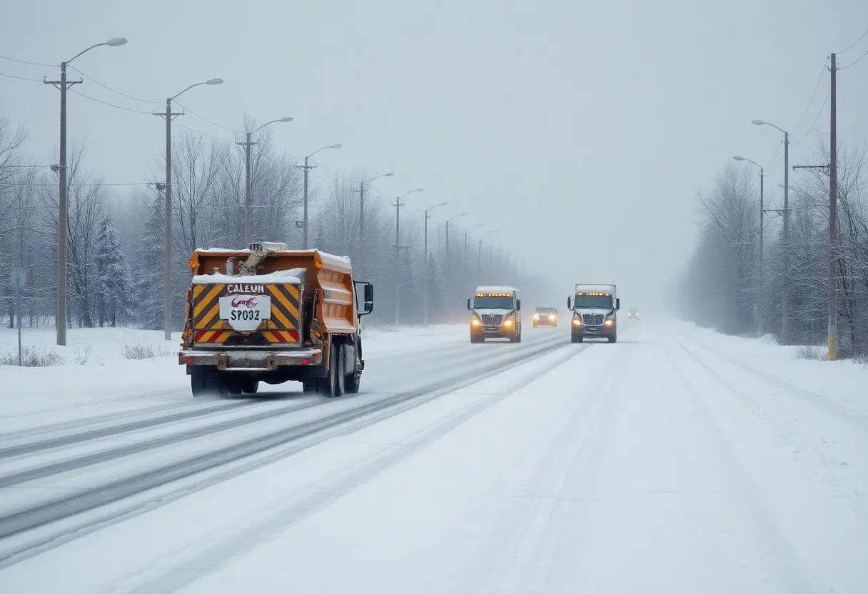 Road maintenance vehicle applying salt on snowy road in Lexington