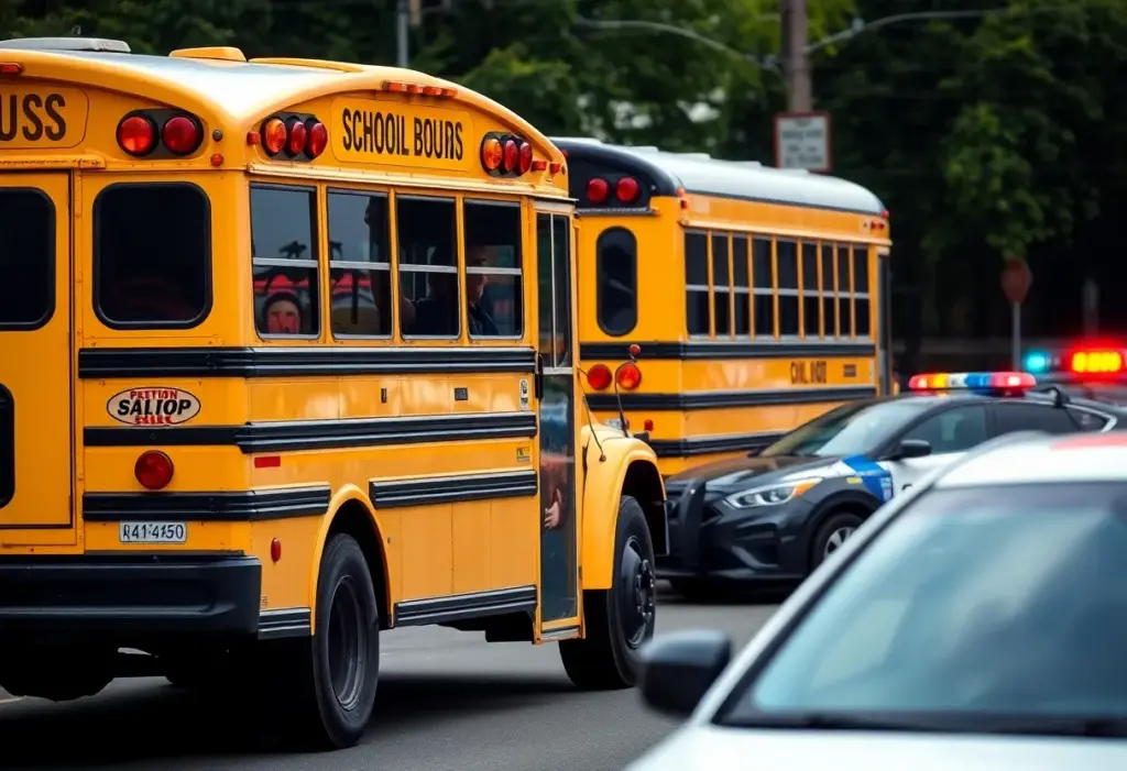 A school bus parked with a police car nearby, symbolizing DUI incidents.