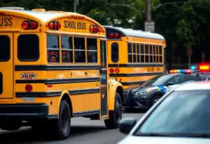 A school bus parked with a police car nearby, symbolizing DUI incidents.
