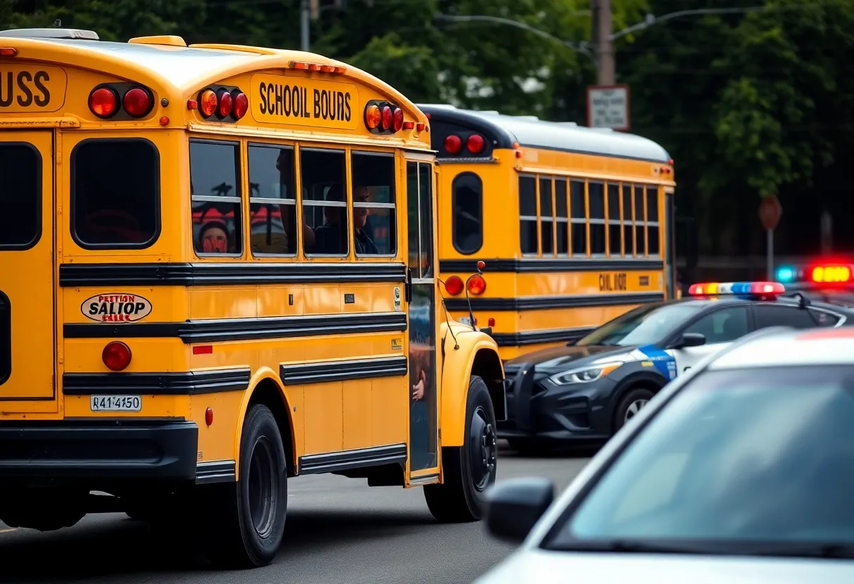 A school bus parked with a police car nearby, symbolizing DUI incidents.