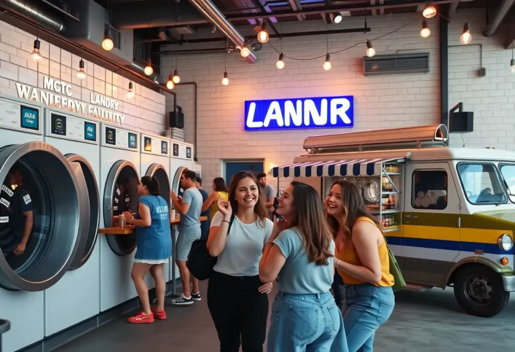 Patrons enjoying a social laundry experience with cocktails and food trucks
