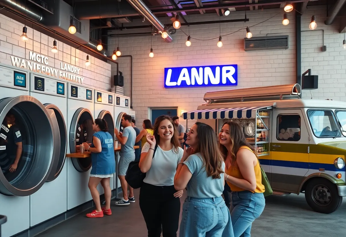 Patrons enjoying a social laundry experience with cocktails and food trucks