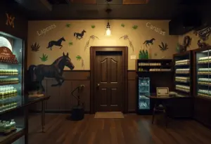 Interior of the Speakeasy Dispensary in Lexington, featuring horse-themed décor.