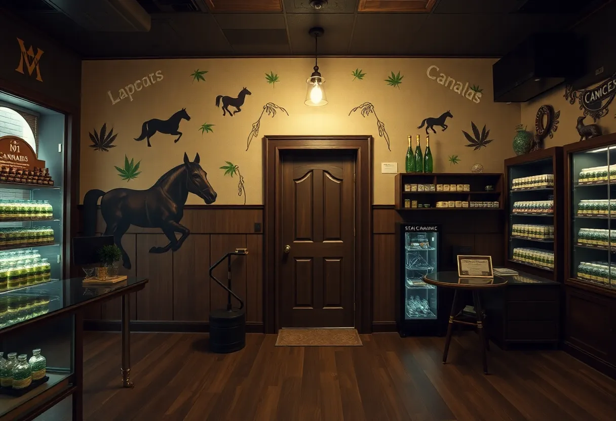 Interior of the Speakeasy Dispensary in Lexington, featuring horse-themed décor.