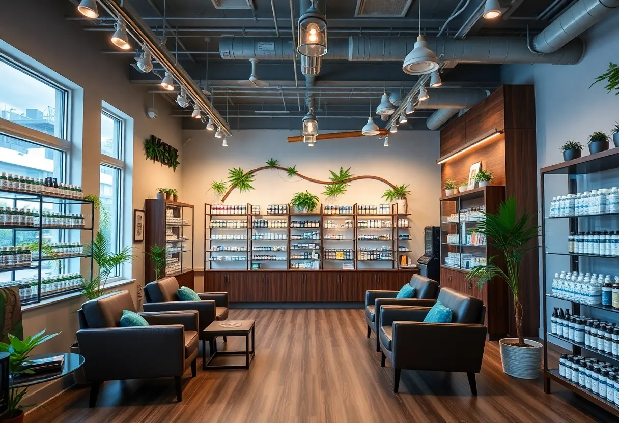 Interior of Speakeasy dispensary with comfortable seating and cannabis products on display.