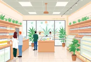 Interior of Speakeasy Dispensary with patients and products