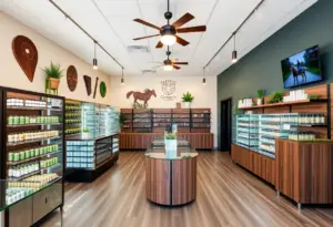 Inside view of Speakeasy Dispensary showcasing equestrian design elements.