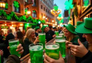 People enjoying green drinks at the St. Patrick's Day Bar Crawl