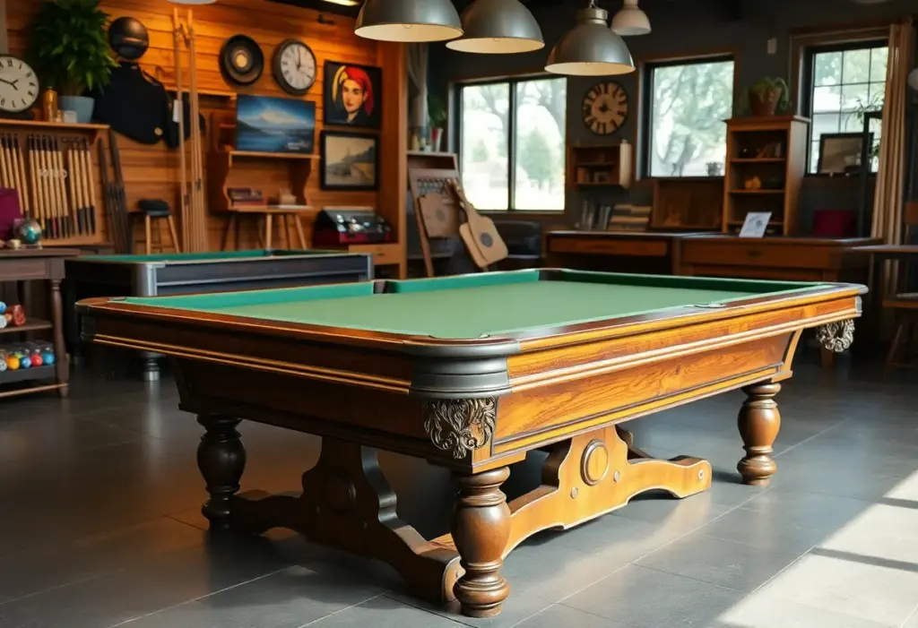 Interior view of Steepleton showcasing billiard tables and outdoor products