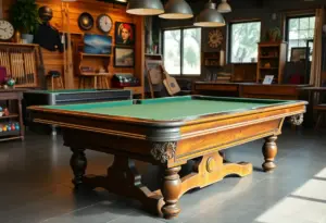 Interior view of Steepleton showcasing billiard tables and outdoor products