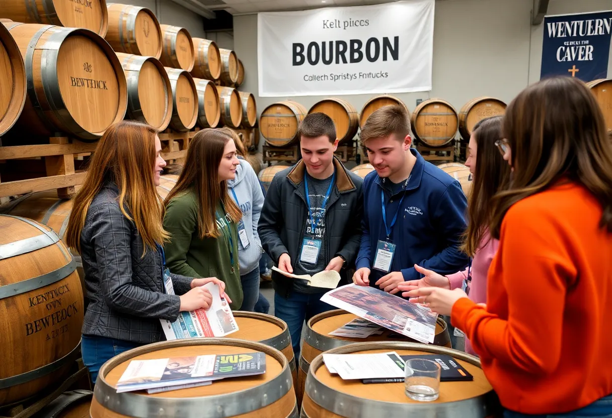 University students collaborating on event planning for Kentucky spirits tourism conference.