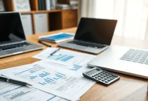 Corporate finance office with documents and tools for auditing.