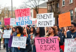 Advocates for tenant rights rallying in a Kentucky neighborhood