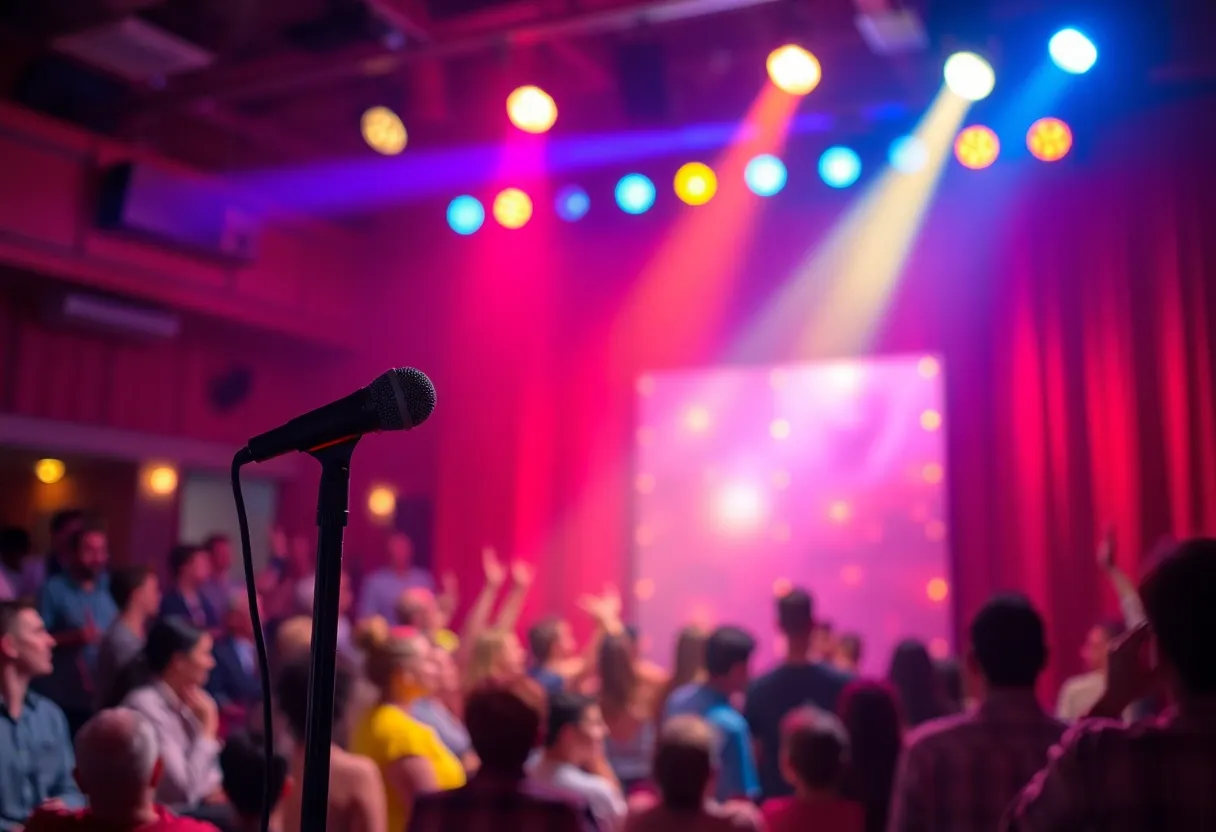 A comedy stage with bright lights and an empty microphone stand for Theo Von's performance.