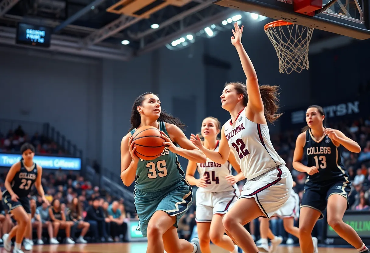 Women's college basketball players competing during a game.