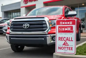 Toyota Tundra pickup truck at dealership with recall notice
