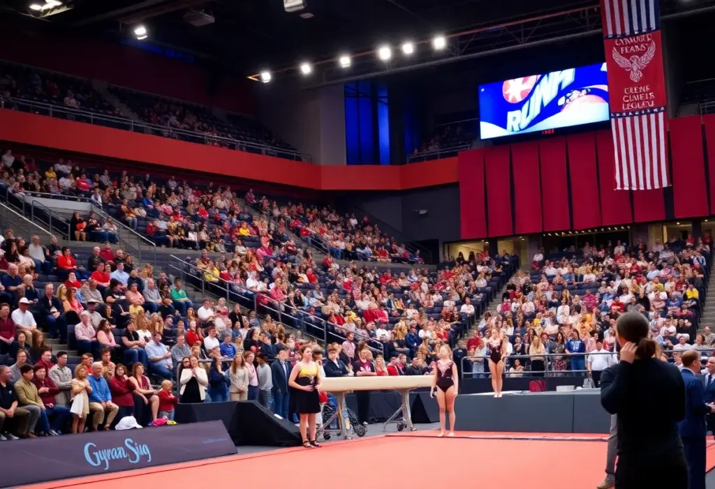 A lively gymnastics meet featuring UK Gymnastics against Arizona State in a packed arena.