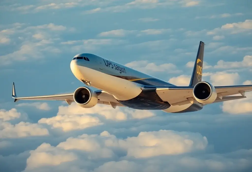 UPS cargo plane showcasing its engines and wings against a cloudy sky.