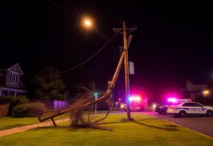 Scene of a utility pole crash in Lexington at night with emergency responders.