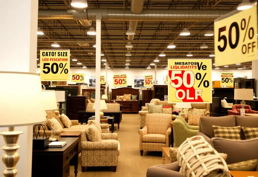 Interior view of Value City Furniture during liquidation sale with discounts