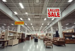 Empty Value City Furniture store with liquidation sale signs