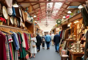 Inside view of the Vintage Market showcasing vintage items and joyful shoppers
