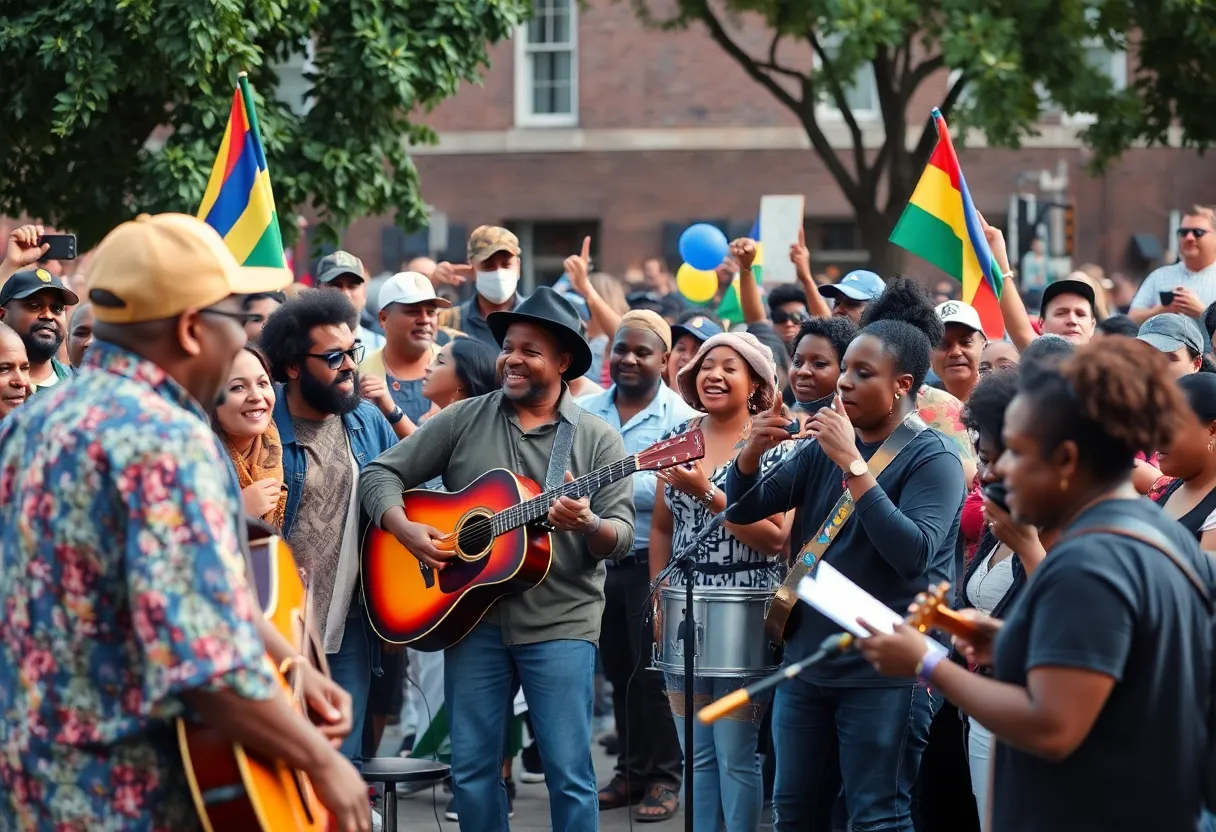 Community gathering at the MLK Day of Service event with musicians performing