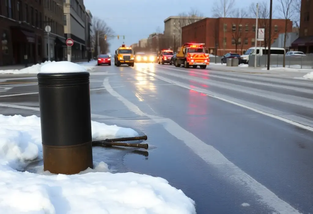 Visible disruptions and repair work from water main breaks in Louisville during extreme cold.