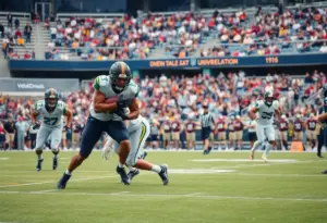 Defensive lineman tackling during a college football game