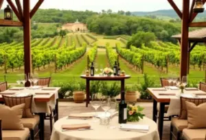 An elegant setup at a winery for a small gathering, surrounded by vineyards.