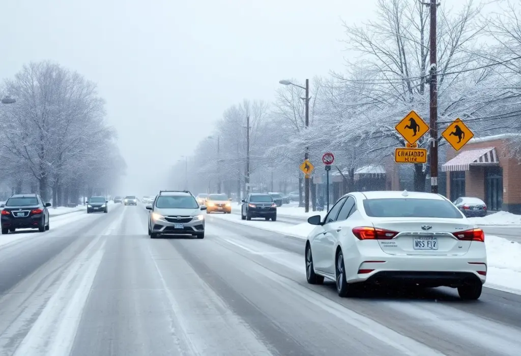 A snowy street in Lexington during winter weather conditions
