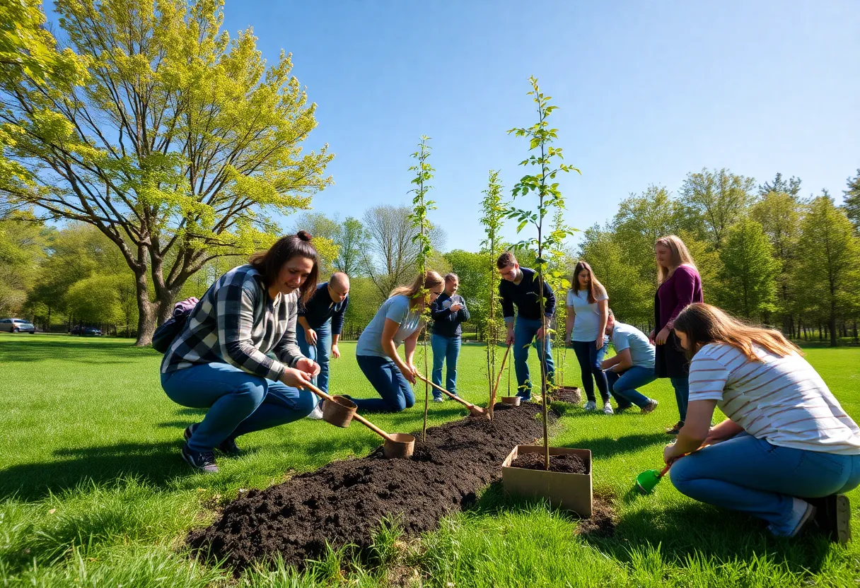 Community members planting trees in Woodford County