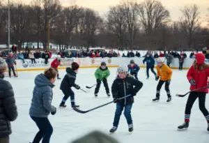 Young hockey players competing outdoors in Triangle Park, Lexington