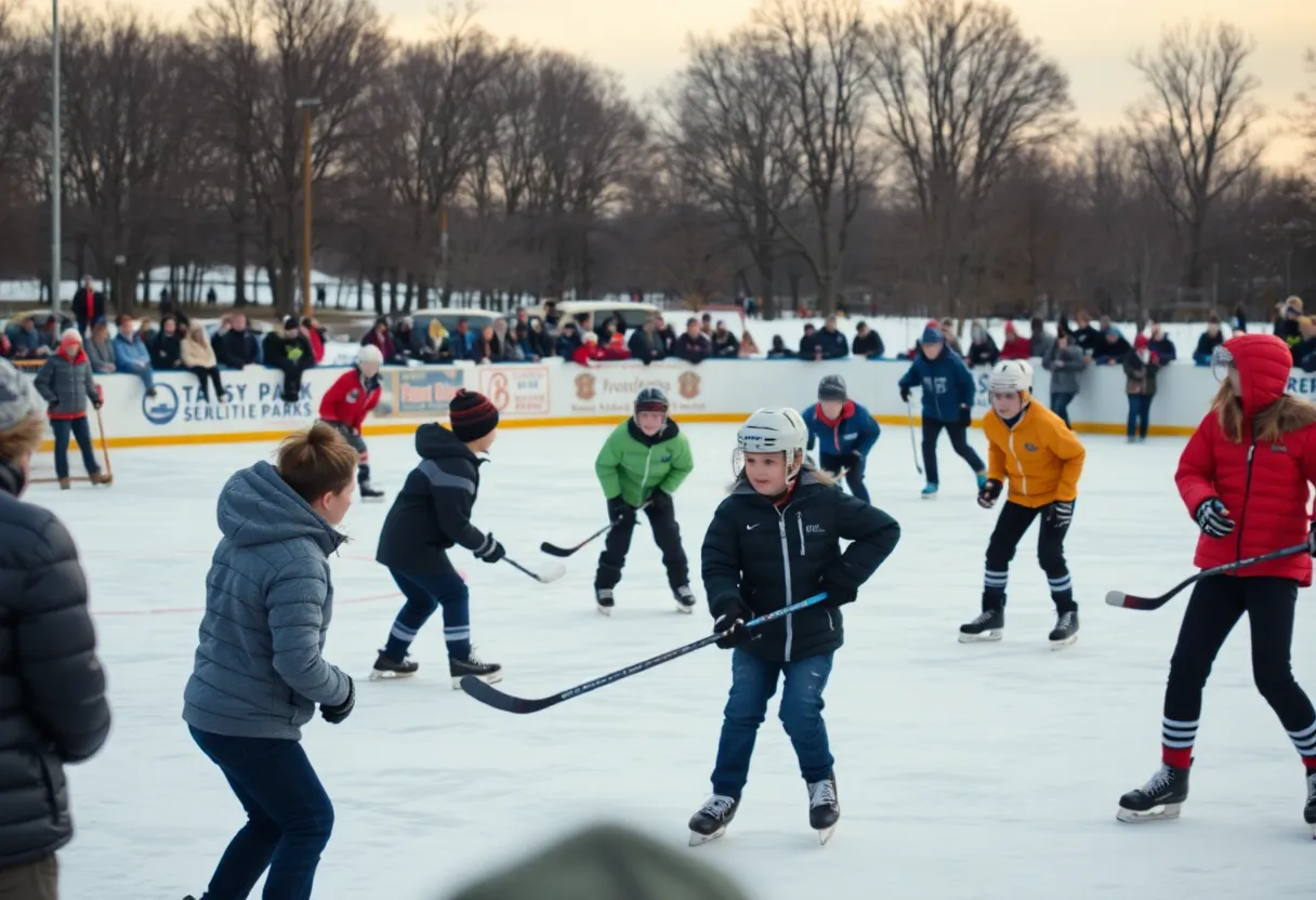 Young hockey players competing outdoors in Triangle Park, Lexington