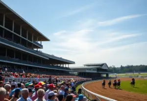 Spectacular view of horses racing at Keeneland during the Breeders' Cup event with a cheering crowd.