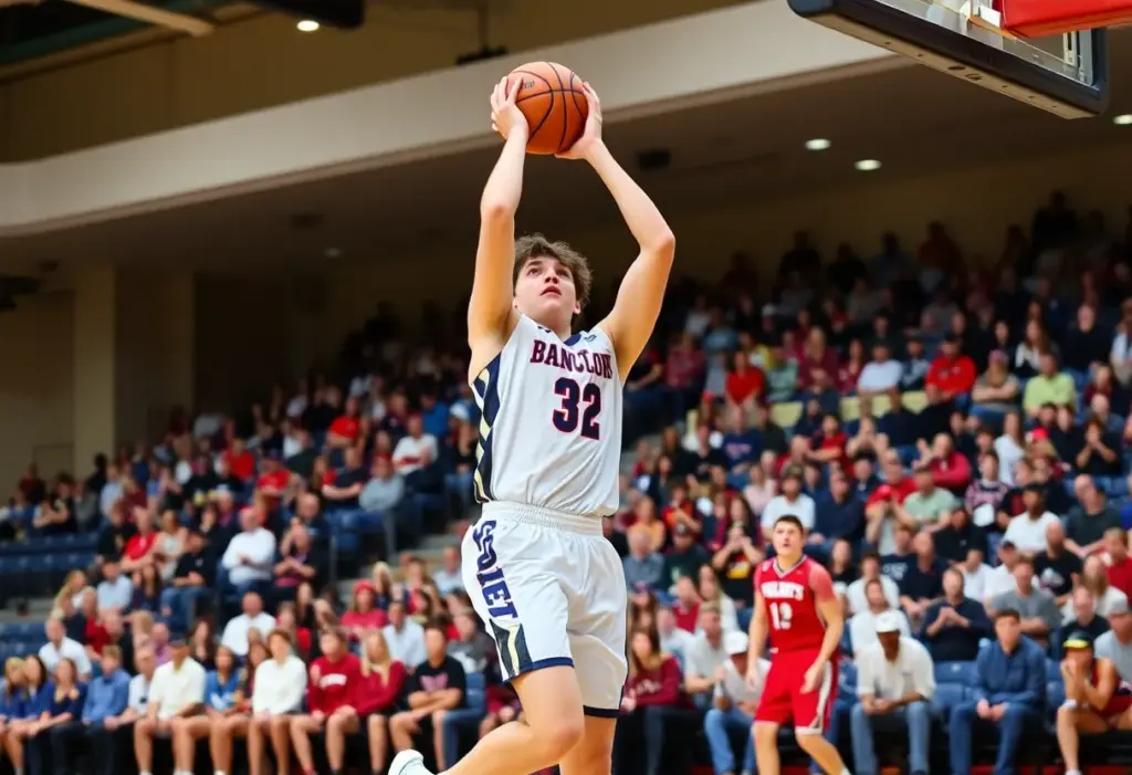 High school basketball player scoring a basket in a game