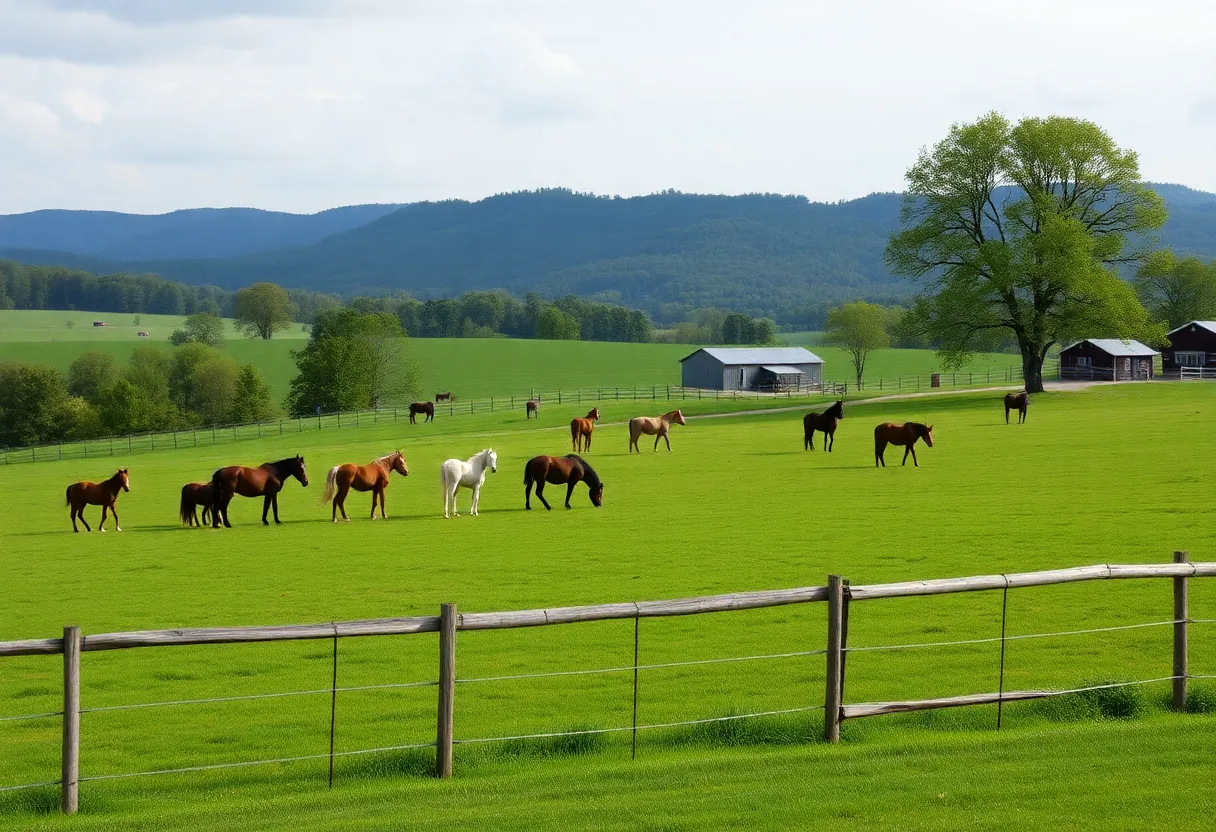 A scenic view of a horse farm in Kentucky, highlighting the agricultural setting.