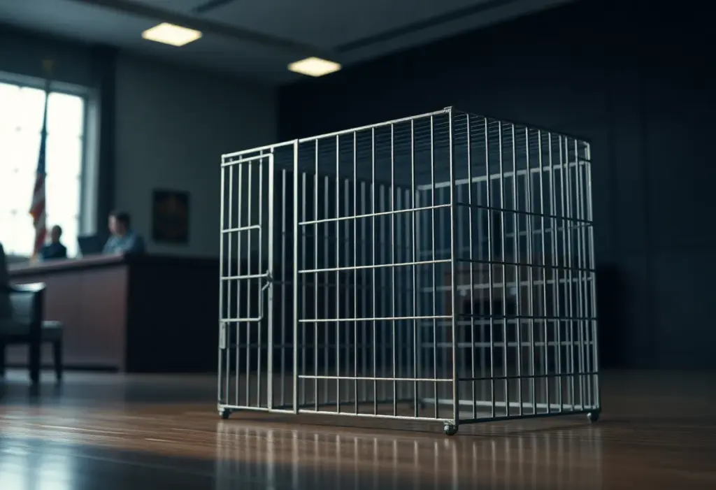 Empty dog cage symbolizing child abuse