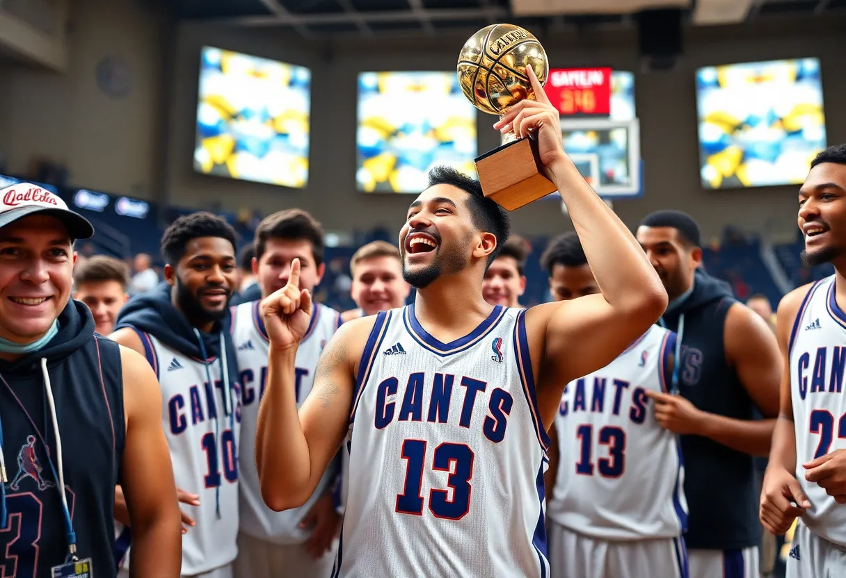 Basketball player celebrating a national player of the week award with teammates