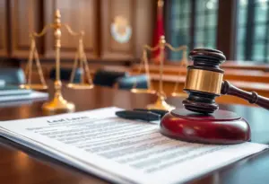 Courtroom setting with legal symbols representing the ban of Lexington Blue Roofing Company.