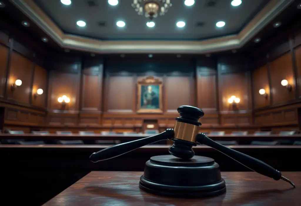 Interior view of a courtroom with a judge's gavel