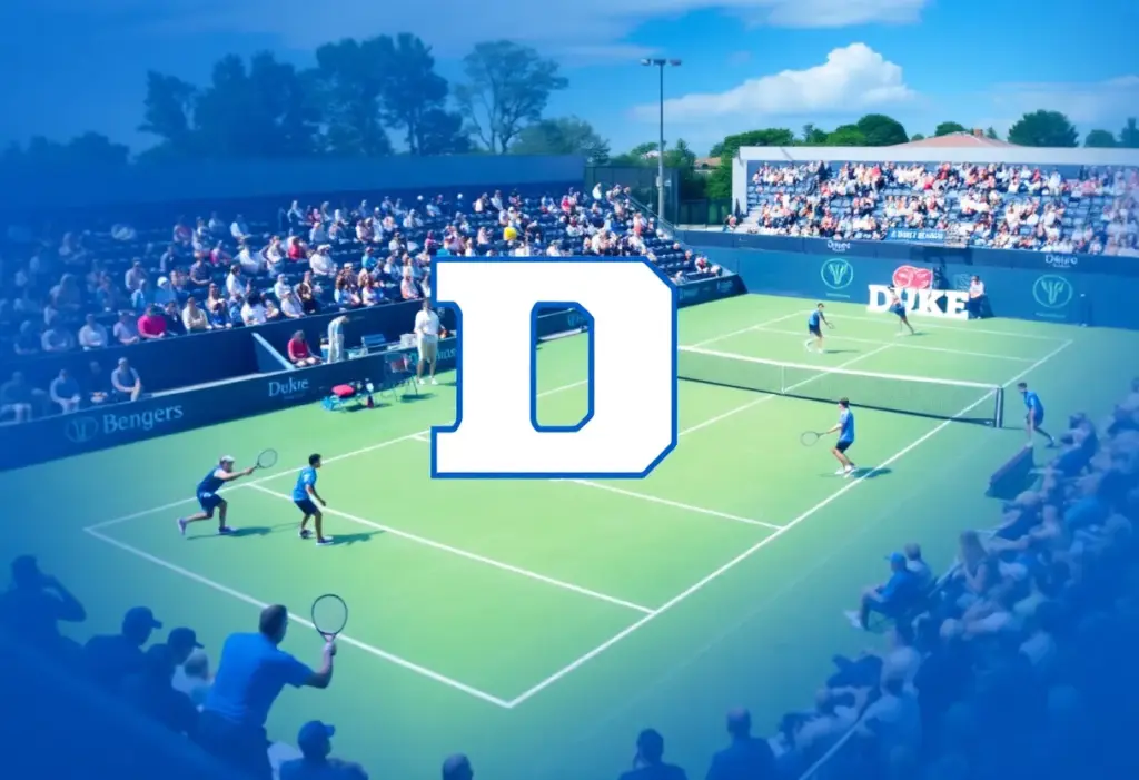 Duke men's tennis players competing in a match