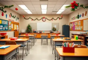 An empty classroom decorated for winter