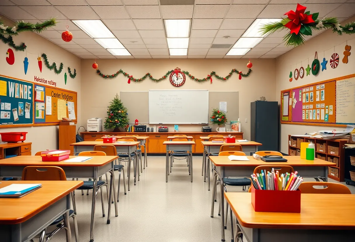 An empty classroom decorated for winter