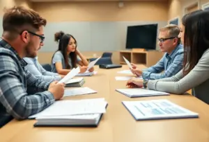 Members of a school board in a meeting discussing budget issues