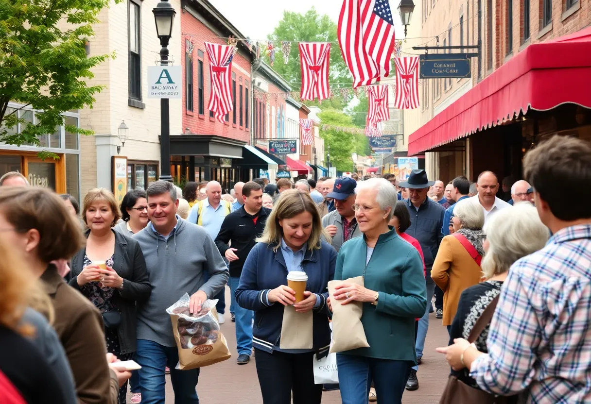 A lively community event with attendees enjoying chocolate treats and art displays.