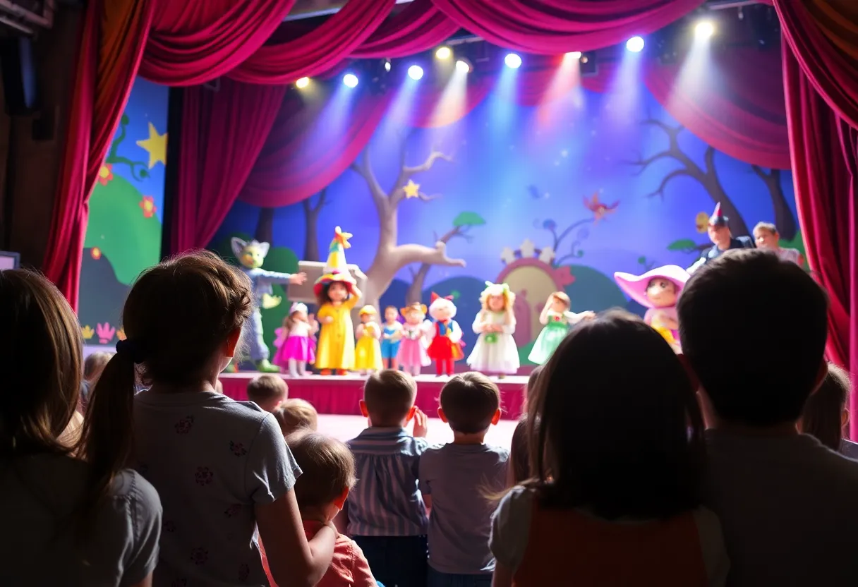 A family enjoying Gabby's Dollhouse Live performance with colorful characters on stage.